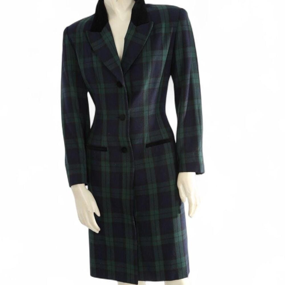 Classy Vintage Green Plaid Button Down Long Sleeve Blazer Dress W/ Velvet Collar